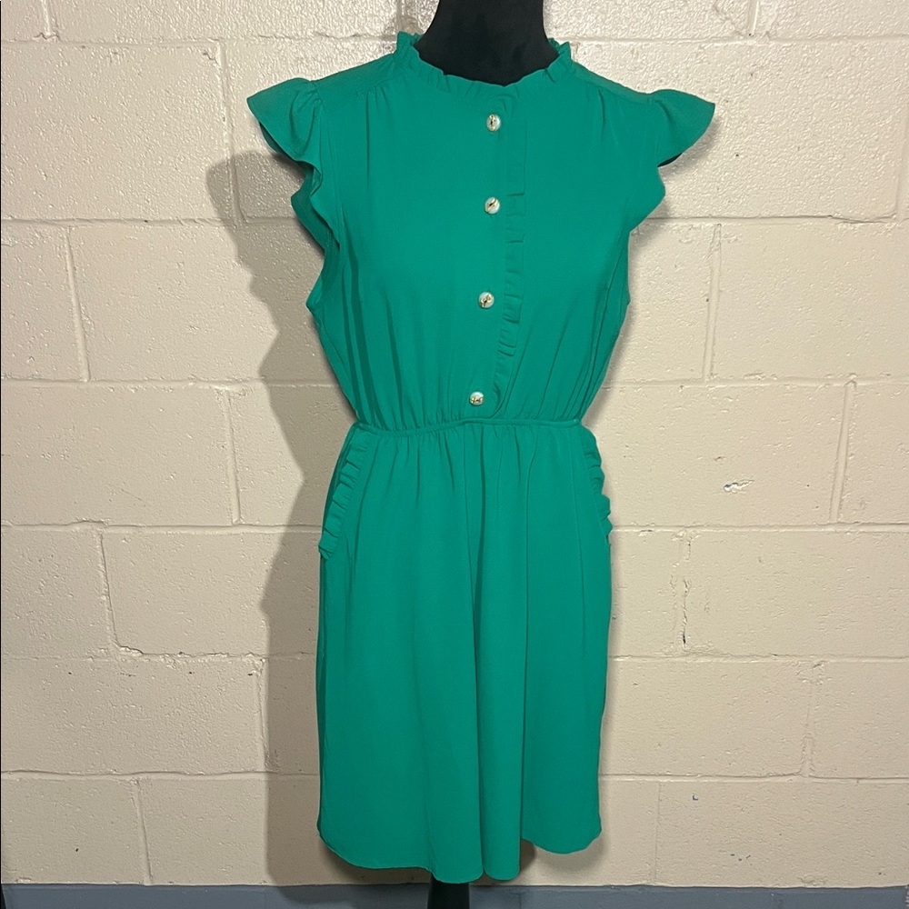 Monteau Green Buttoned Ruffle Dress
